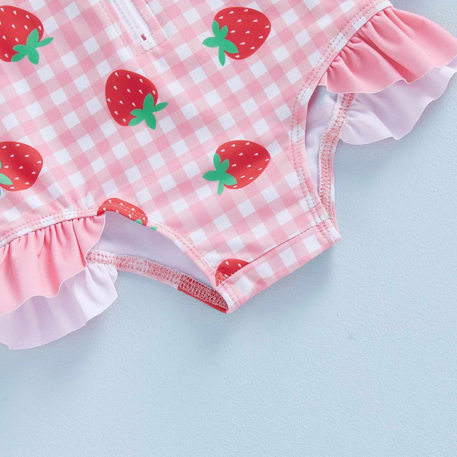 Infant Baby Girls Swimsuit Romper Long Sleeve Round Neck Strawberry Plaid Print Rash Guard Bathing Suit with Hat 2Pcs Set - Image 6