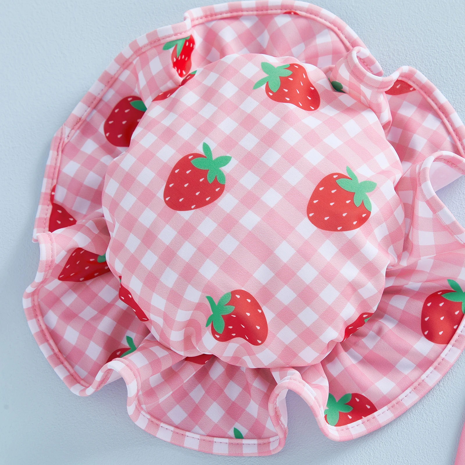 Infant Baby Girls Swimsuit Romper Long Sleeve Round Neck Strawberry Plaid Print Rash Guard Bathing Suit with Hat 2Pcs Set - Image 3