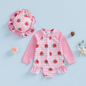 Infant Baby Girls Swimsuit Romper Long Sleeve Round Neck Strawberry Plaid Print Rash Guard Bathing Suit with Hat 2Pcs Set