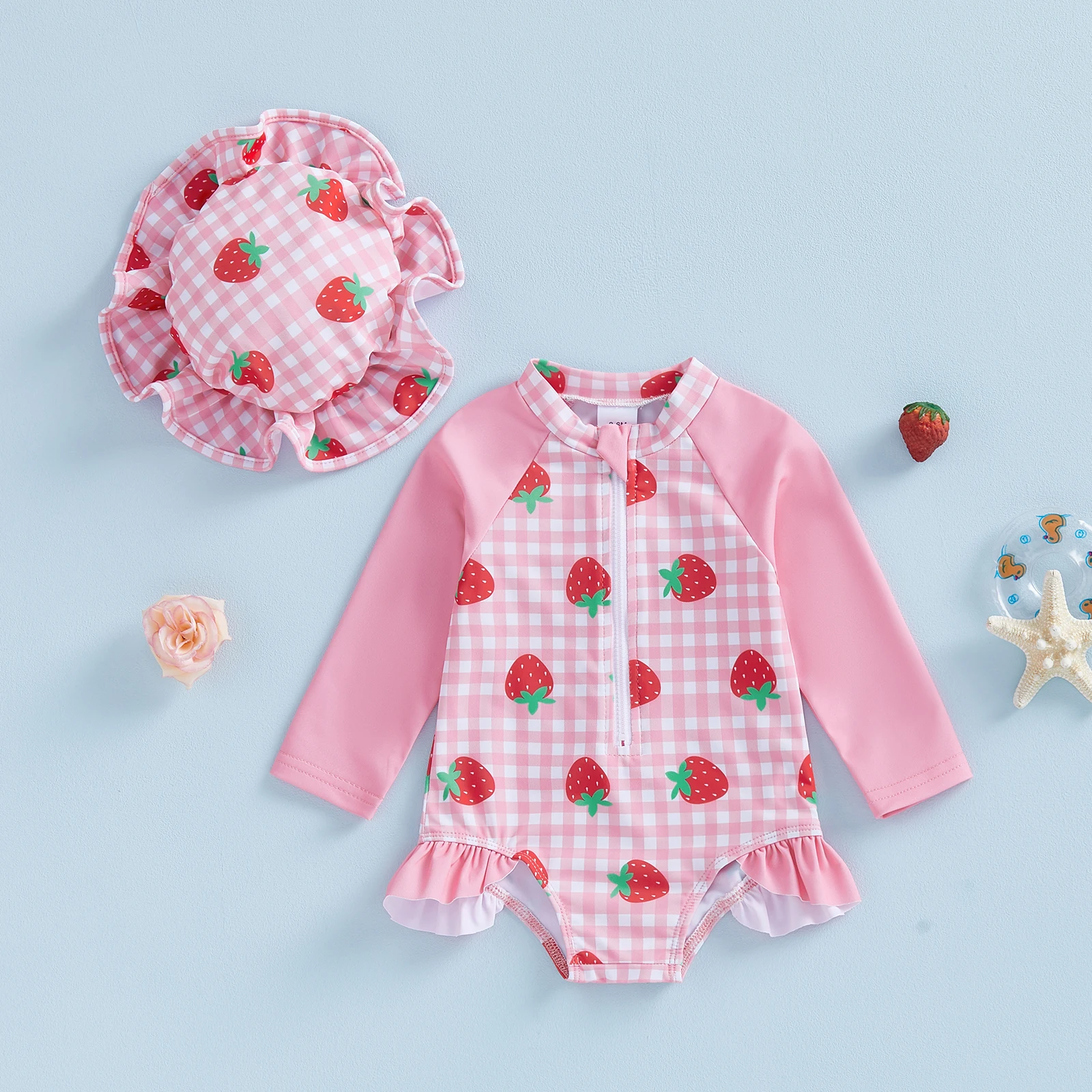 Infant Baby Girls Swimsuit Romper Long Sleeve Round Neck Strawberry Plaid Print Rash Guard Bathing Suit with Hat 2Pcs Set