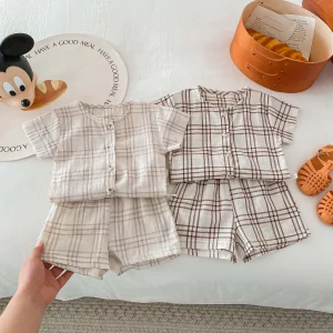 Infant Suits Baby Boys Girls Plaid Short Sleeved Top with Shorts One Sets Baby Clothes 1-3 Years Old