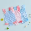Kids Baby Girl Romper Swimsuit Stripe Print Flying Sleeve Square Collar Back Bow Decora Swimwear Bathing suit for Pool Beach