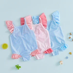 Kids Baby Girl Romper Swimsuit Stripe Print Flying Sleeve Square Collar Back Bow Decora Swimwear Bathing suit for Pool Beach
