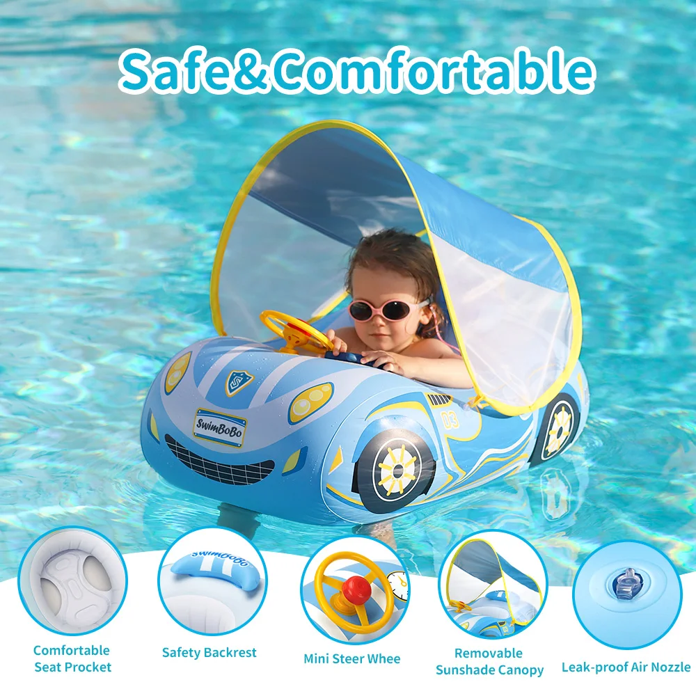 Kids Car Swimming Seat Float Ring Inflatable Infant Floating For Summer Swim Boat Circle Bathing Water Toy with Canopy - Image 2