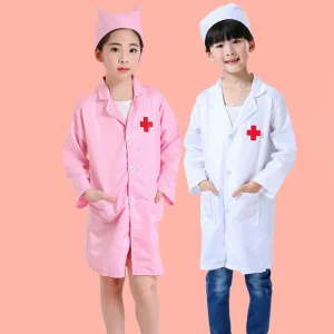 Kids Doctor Nurse Cosplay Coat Girls Boys Doctor Role Play Soft White Pink Coat for Children Stage Performance Cosplay