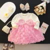 Kids Girls Evening Party Costume Sequin Bow Knit Long Sleeved Gauze Princess Dress Spring Autumn Baby Girl Pink Dress