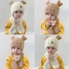 Kids Knitted Bear Earflap Hat and Scarf 2Pcs Sets Baby Boys Girl Cute Cartoon Bear Design Warm Fleece-Lined Winter Headwear Neck