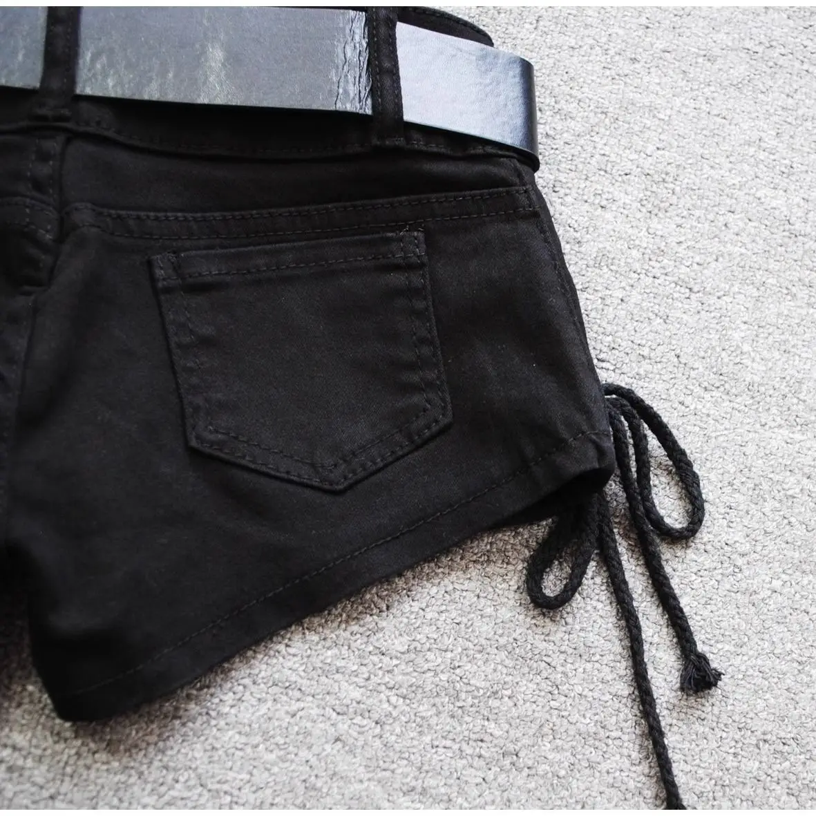 Korean Low Rise Denim Shorts 2024 - Riveted Lace Up Bodycon Black Hot Pants Vintage Cheeky Booty Summer TikTok Y2K Outfit - Image 6