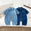 Korean Style Newborn Bodysuit Baby Jumpsuit Boy Girl Autumn Outdoors Bear Prints Denim Romper 0-2yrs