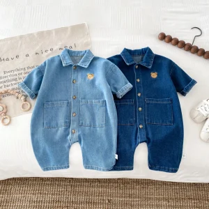 Korean Style Newborn Bodysuit Baby Jumpsuit Boy Girl Autumn Outdoors Bear Prints Denim Romper 0-2yrs