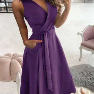 Lace Up V-neck Short Sleeved Solid Color Pocket Women's Dress Elegant Office Fashion Commuting Style Summer Dress