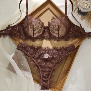 Ladies' Basic Style Thin Lace Bra And Panty Set Seamless Single Layer Eyelet Underwear Comfortable Intimate Apparel