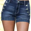 Ladies Mid-Waist Blue Elastic Denim Shorts with Wide Hem Front Pockets Diagonal Buttons Back Pocket Cover Buttons Elegant Casual