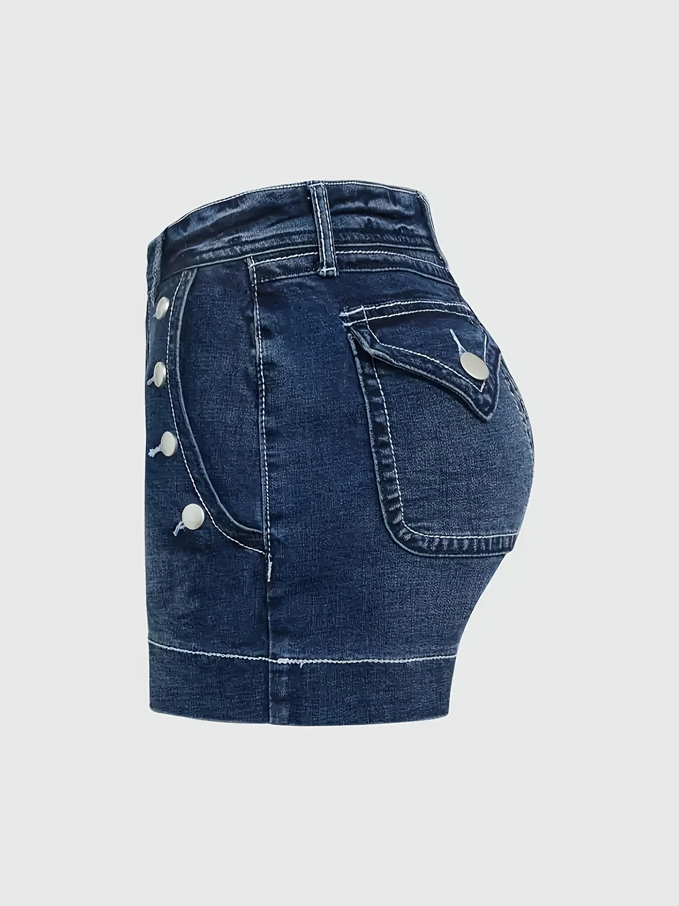 Ladies Mid-Waist Blue Elastic Denim Shorts with Wide Hem Front Pockets Diagonal Buttons Back Pocket Cover Buttons Elegant Casual - Image 3