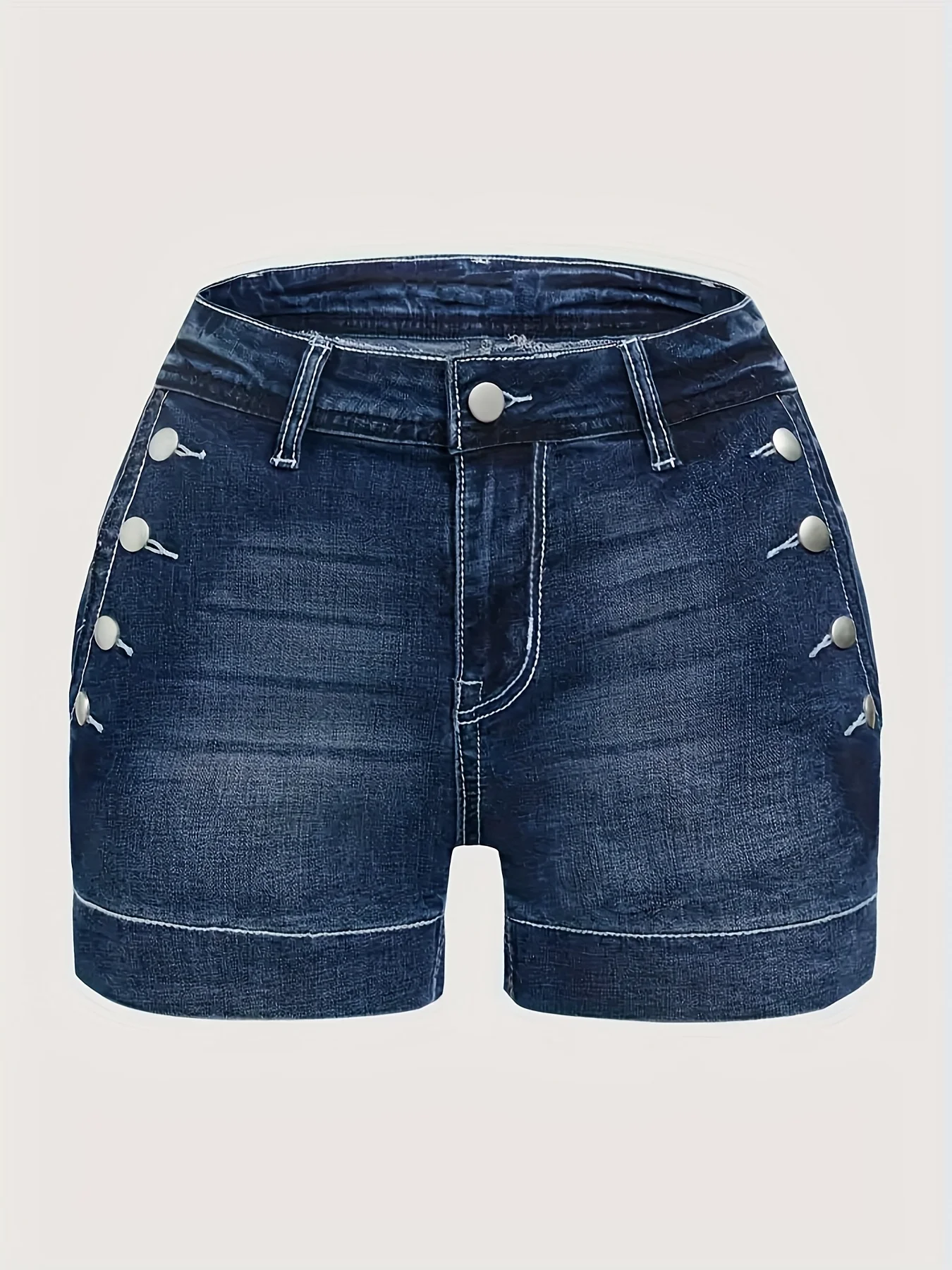Ladies Mid-Waist Blue Elastic Denim Shorts with Wide Hem Front Pockets Diagonal Buttons Back Pocket Cover Buttons Elegant Casual - Image 4