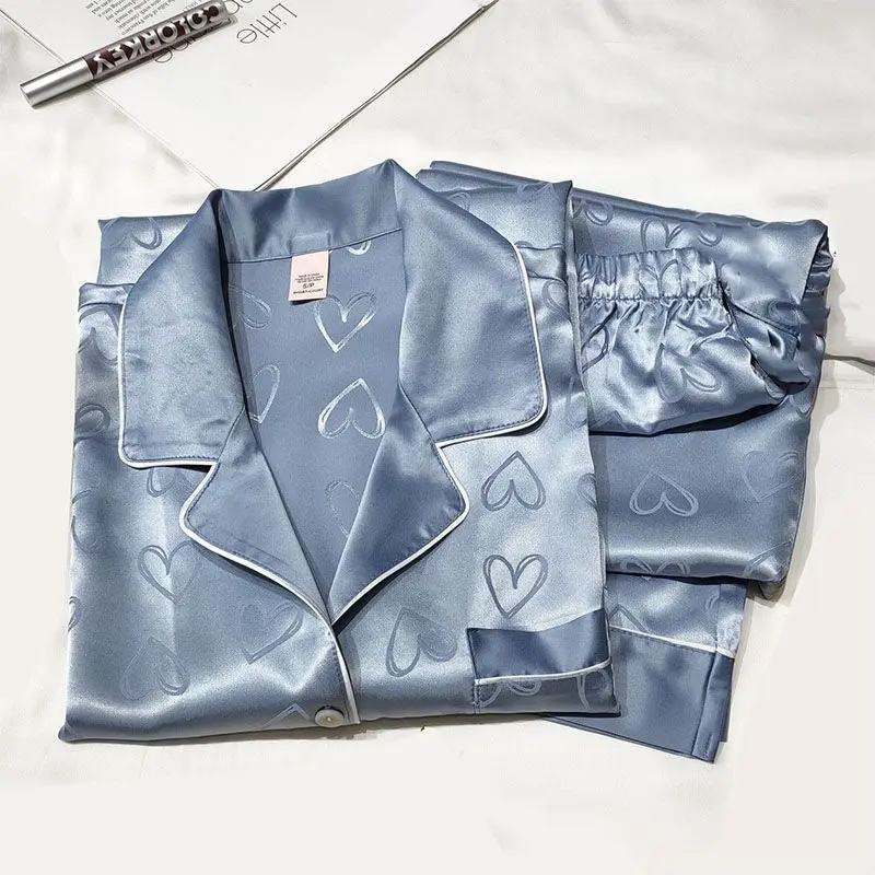 Long-Sleeved Trousers Simulation Silk Pajamas Female Autumn and Winter Cardigan Lapel Student Pajamas Love Blue Women's Homewear - Image 2