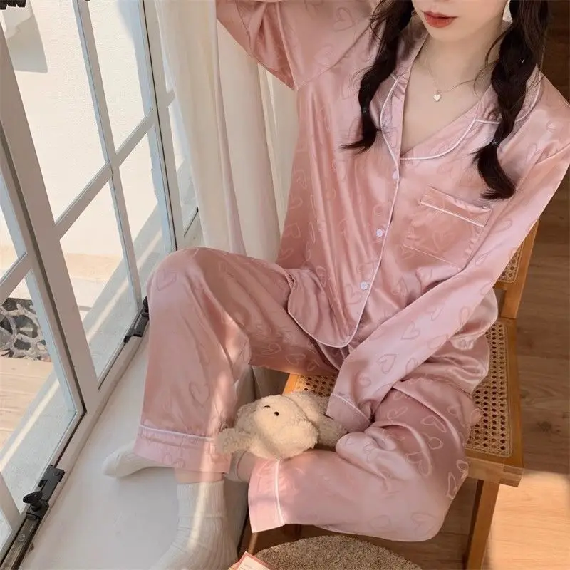 Long-Sleeved Trousers Simulation Silk Pajamas Female Autumn and Winter Cardigan Lapel Student Pajamas Love Blue Women's Homewear - Image 3