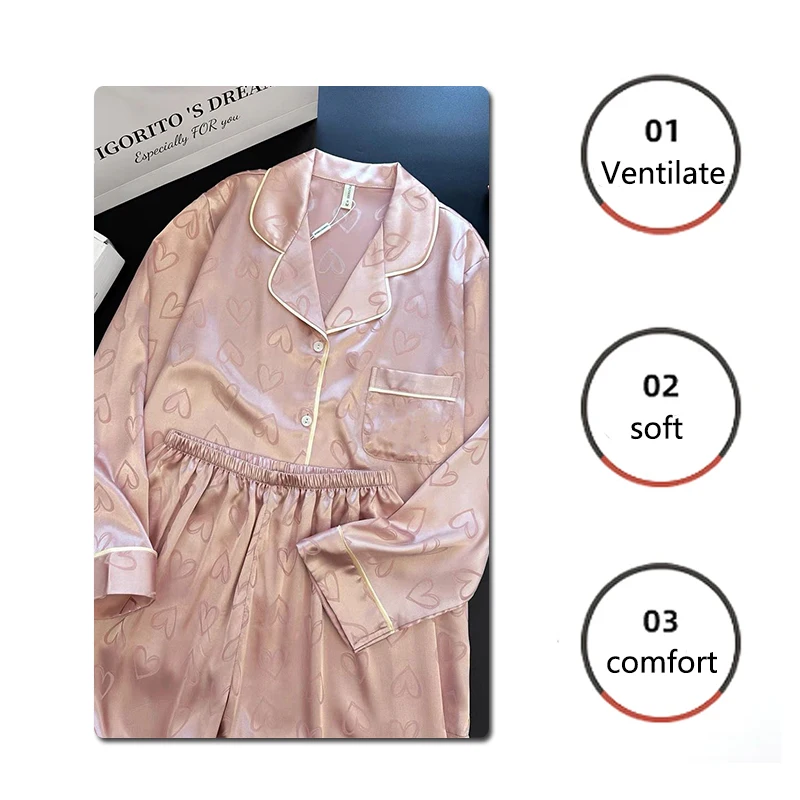 Long-Sleeved Trousers Simulation Silk Pajamas Female Autumn and Winter Cardigan Lapel Student Pajamas Love Blue Women's Homewear - Image 6