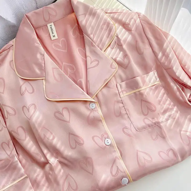 Long-Sleeved Trousers Simulation Silk Pajamas Female Autumn and Winter Cardigan Lapel Student Pajamas Love Blue Women's Homewear - Image 4