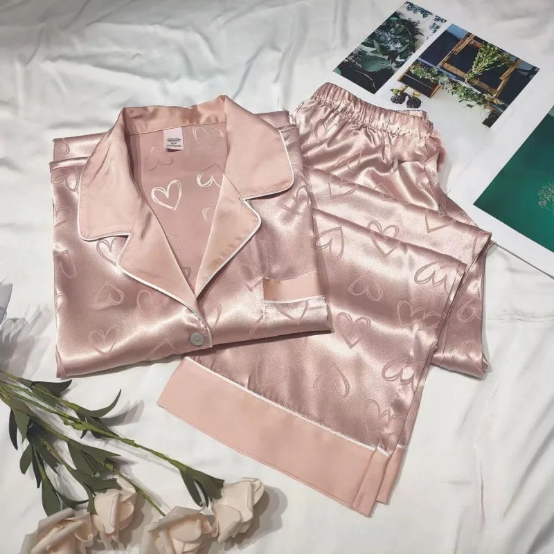 Long-Sleeved Trousers Simulation Silk Pajamas Female Autumn and Winter Cardigan Lapel Student Pajamas Love Blue Women's Homewear