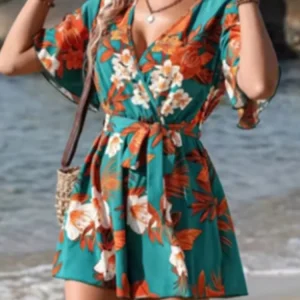 Loose High Waisted Short Sleeve Jumpsuit V-neck Printed Women Jumpsuit Beach Vacation Comfortable Summer Clothes