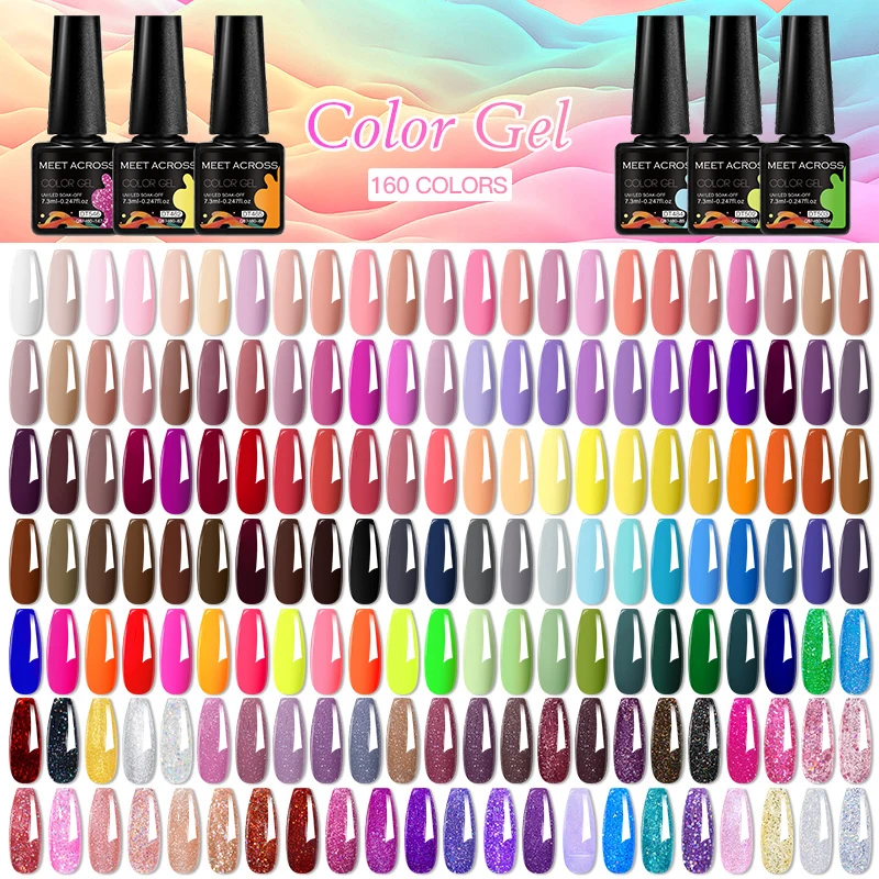 MEET ACROSS 160 Colors 7.3ml Gel Nail Polish Vernis Glitter Sparkly Semi Permanent Soak Off LED UV Gel Varnish Nail Art Manicure - Image 2
