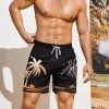 Men's Hawaiian Palm Tree Print Swim Trunks, Quick Dry Beach Shorts With Drawstring, Summer Vacation Board Shorts For Surfing