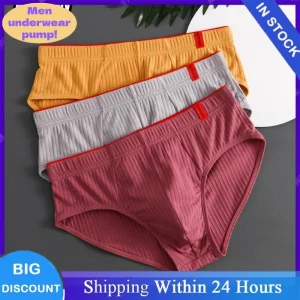 Men's Solid Color Briefs Mid Waist Elastic Soft Comfortable Anti-septic U Convex Striped Casual Men Underwear All Seasons PC3220
