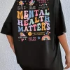 Mental Health Matters Women's Tee - Positive Graphic, Casual Black Oversized Top