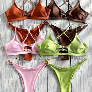 Miyouj Bandage Swimwear Summer Swimsuit High Cut Bikini Set Solid Sexy 2-Piece Suit New Bathsuit Hollow Out Thongs Beachwear