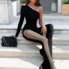 NIBBER Sexy Mesh Patchwork One Shoulder Playsuits Women Elegant Solid Skinny Flare Pants Jumpsuit Fashion Lady Party Streetwear