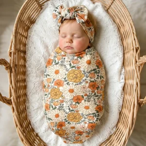 New Baby Printed Blanket and Headband 2-Piece Set, Newborn Swaddle Wrap and Head Scarf Combo