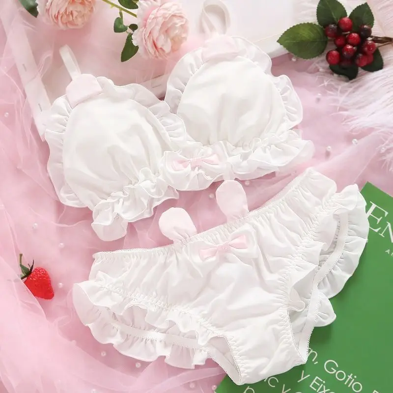 New Japanese sweet cute rabbit ears underwear soft sister Lolita no underwire comfortable thin bra set
