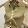 New Solid Color Knitted For Women Cardigan Korean Single Breasted Sleeveless Jumper Woman Round Neck All Match Cardigans Outwear