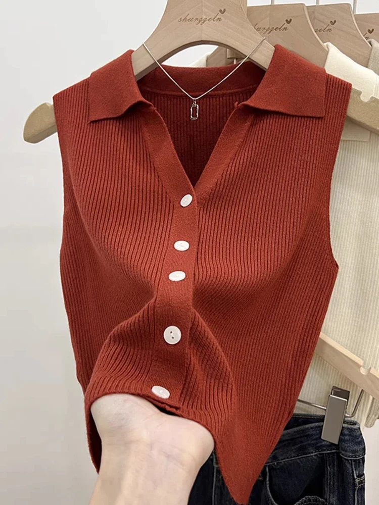 New Solid Color Knitted For Women Cardigan Korean Single Breasted Sleeveless Jumper Woman Round Neck All Match Cardigans Outwear - Image 4