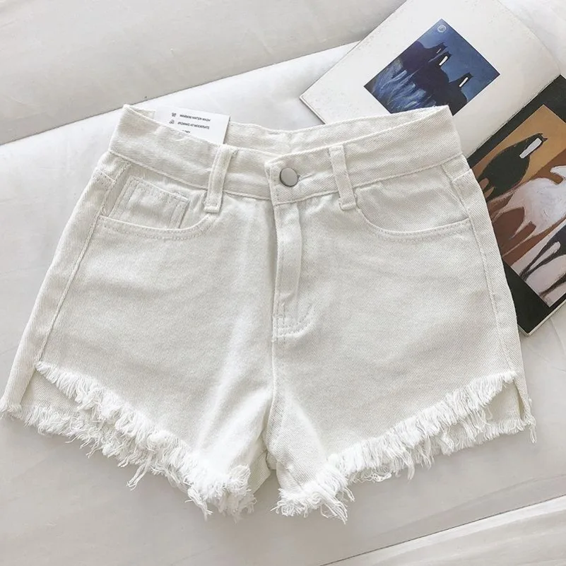 New Summer Women High Wiast Raw Hem Denim Shorts Soild White Black Blue Korean Wide Leg Pants Mon Shorts DURIKIES