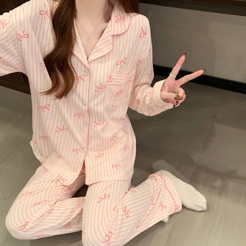 New Women's Spring and Fall Pajamas Homewear Set Wrinkled Cloth Sweet Girl Students Long-Sleeved Casual Pajamas Homewear Set - Image 2