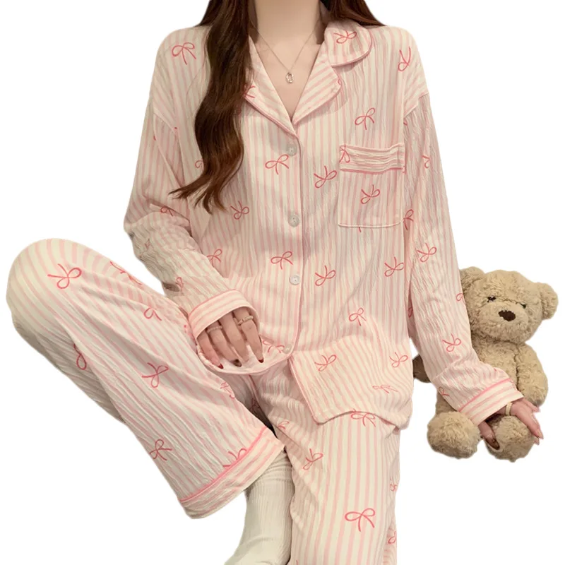 New Women's Spring and Fall Pajamas Homewear Set Wrinkled Cloth Sweet Girl Students Long-Sleeved Casual Pajamas Homewear Set - Image 5