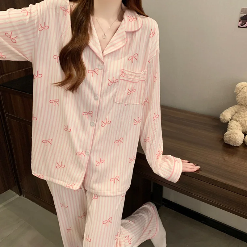 New Women's Spring and Fall Pajamas Homewear Set Wrinkled Cloth Sweet Girl Students Long-Sleeved Casual Pajamas Homewear Set - Image 3