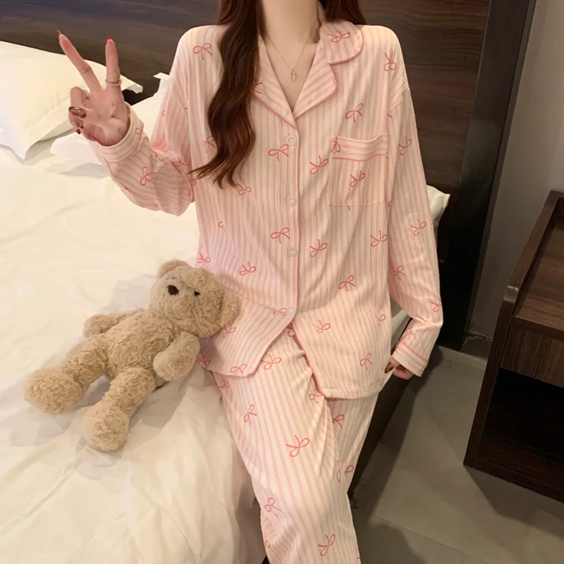 New Women's Spring and Fall Pajamas Homewear Set Wrinkled Cloth Sweet Girl Students Long-Sleeved Casual Pajamas Homewear Set - Image 4