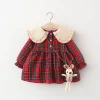 New Year 2pcs Red Baby Clothes Long Sleeved Red Plaid Dress for Baby Girl Send Rabbit Doll