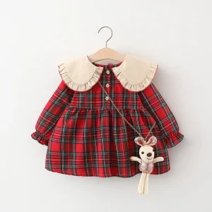 New Year 2pcs Red Baby Clothes Long Sleeved Red Plaid Dress for Baby Girl Send Rabbit Doll
