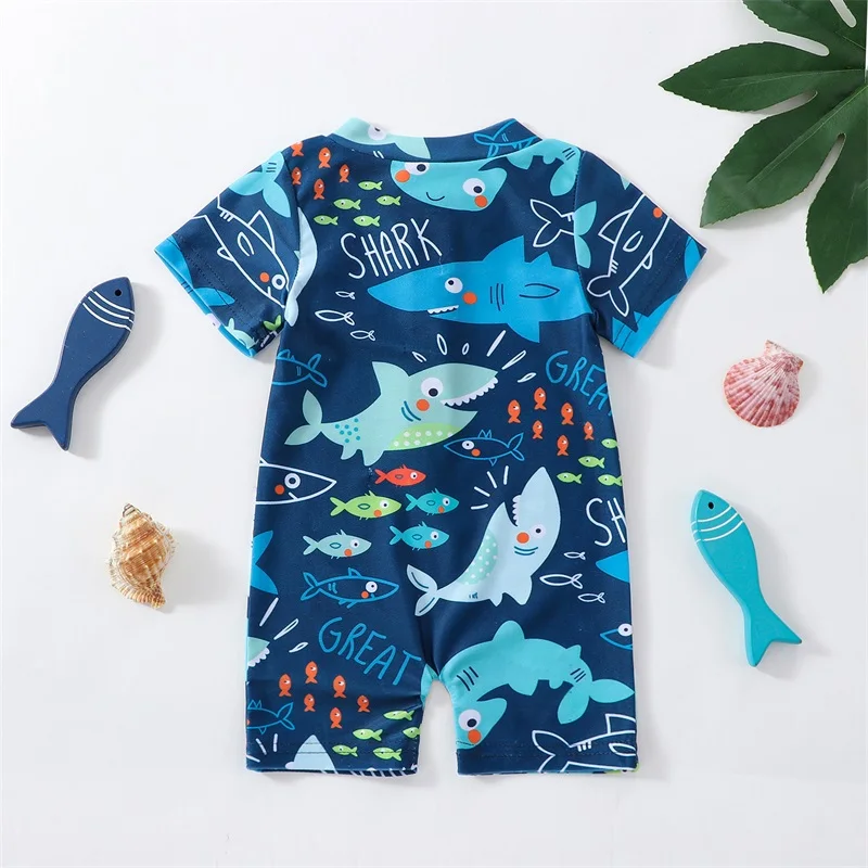 Newborn Baby Infant Boys Swimsuit Cartoon Shark Print Short Sleeve Round Neck Half Zipper Bathing Suit Swimwear Beachwear - Image 2