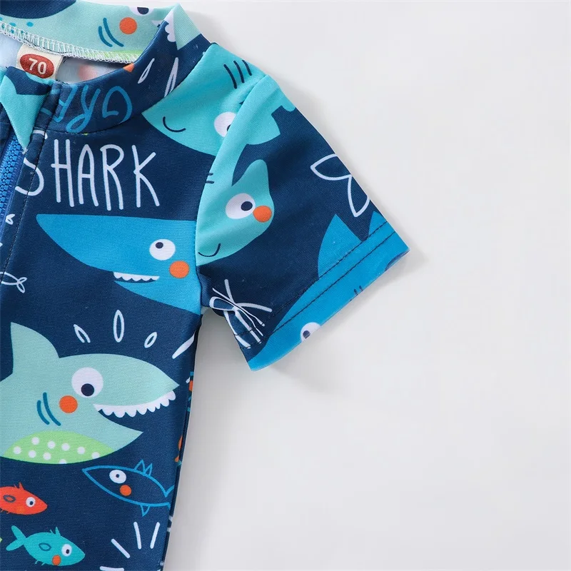 Newborn Baby Infant Boys Swimsuit Cartoon Shark Print Short Sleeve Round Neck Half Zipper Bathing Suit Swimwear Beachwear - Image 4