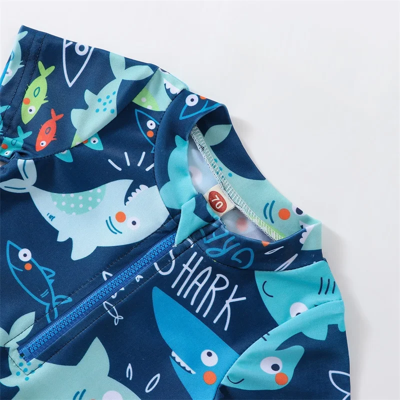 Newborn Baby Infant Boys Swimsuit Cartoon Shark Print Short Sleeve Round Neck Half Zipper Bathing Suit Swimwear Beachwear - Image 3