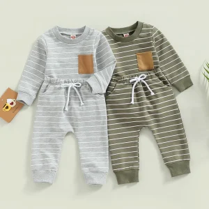 Newborn Boy Autumn Clothes Striped Long Sleeve Sweatshirt and Elastic Waist Sweatpants Pant Sets Outfit Baby Clothing