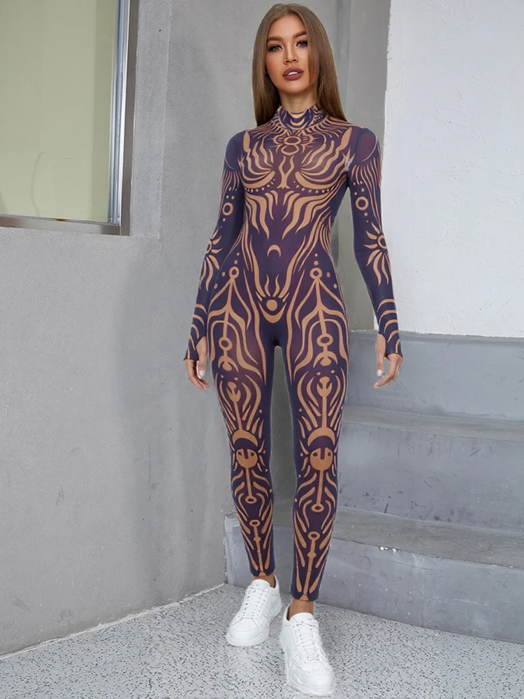 Nibber See Through Jumpsuit Women High Neck Vintage Print Long Sleeve Stretch Skinny Sexy Midnight Fashion Wild Street Outfits - Image 4