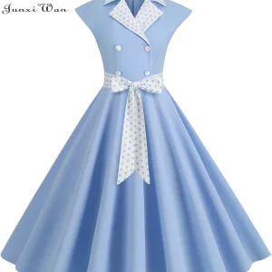 Notched Collar Vintage Solid Party Dresses Women Summer Sleeveless Belted Midi Swing Sundress