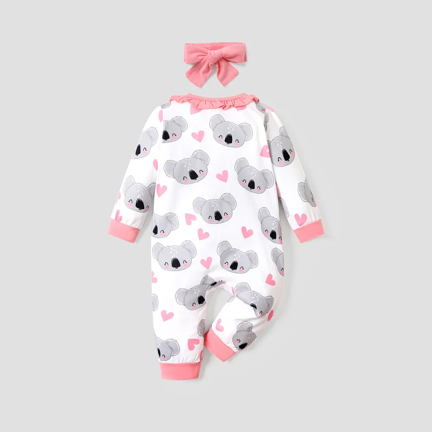PatPat 2pcs All Over Cartoon Koala Print White Long-sleeve Ruffle Snap-up Baby Jumpsuit Set Soft and Comfortable - Image 2