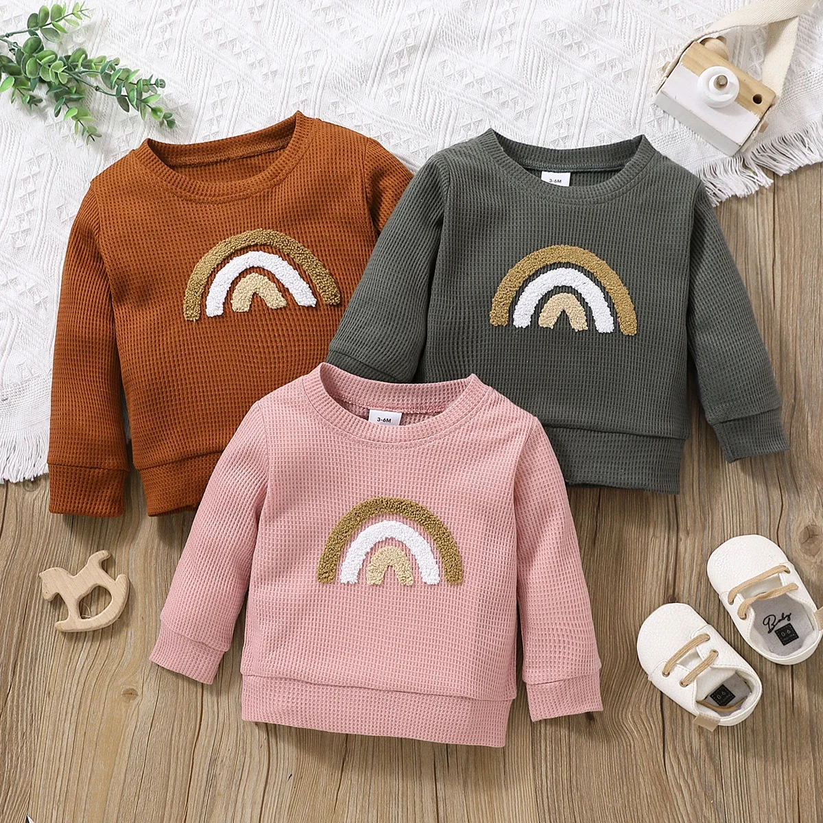 PatPat Baby Boy/Girl Rainbow Pattern Waffle Long-sleeve Pullover Sweatshirt Perfect for Outings and Daily Wear Basic Style - Image 6
